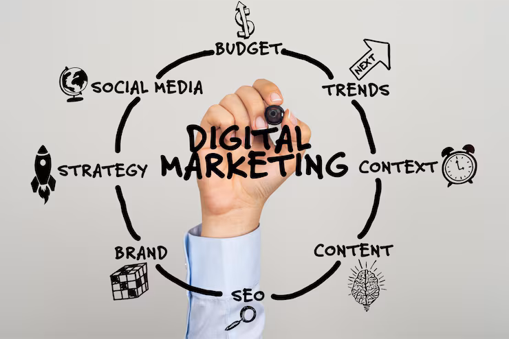 SEO marketing strategy planning on laptop and whiteboard